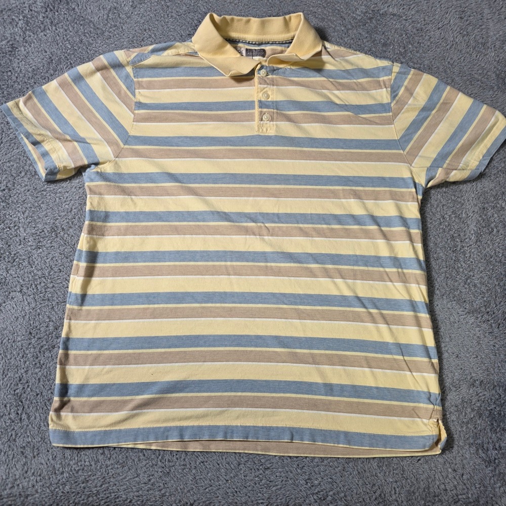 JOE Joseph Abboud Mens L Polo Shirt Yellow Blue Tan Striped Cotton‎ Short Sleeve